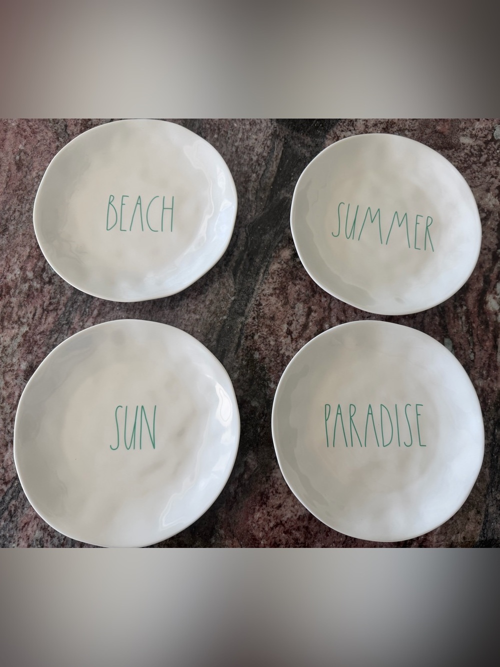 Rae Dunn Set of 8 Beach & Summer Melamine 10” Dinner Plates with Teal Lettering